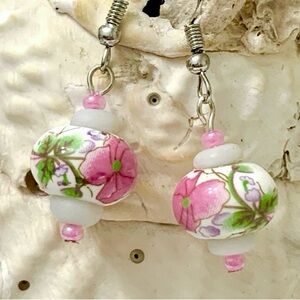 Hand Painted Ceramic Water Lilly Beaded Earrings